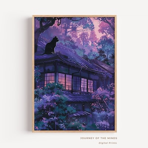Black Cat Japanese House Print: Dreamy Cottagecore Anime Art (Digital Download)