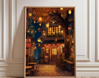 Studio Ghibli Cafe Street Print – Gezellige herfstlantaarn muurkunst (digitale download)