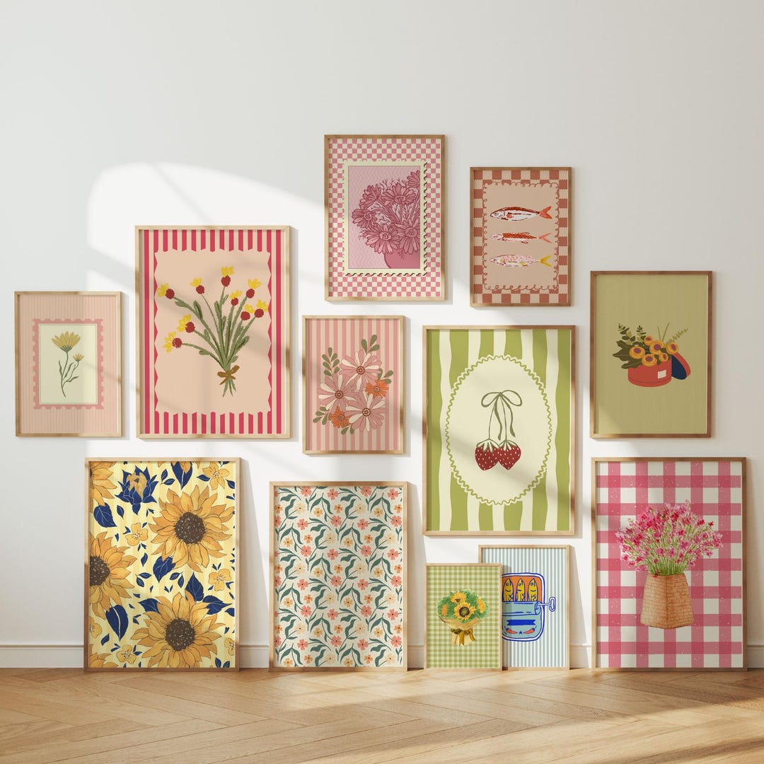 Retro Botanical Set of 12 Gallery Wall Art Prints, Dopamine Decor Set (Digital Download)