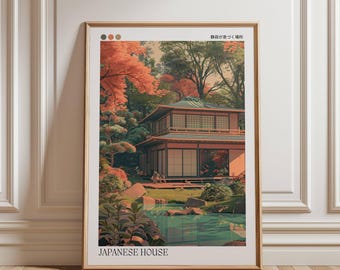 May include: Framed print of a Japanese house with a serene garden. The artwork features a traditional two-story building with sliding doors, surrounded by lush greenery, a pond, and autumn foliage. The words "JAPANESE HOUSE" are printed at the bottom.