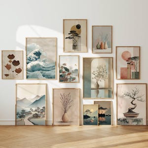 Set of 12 Japandi Wall Art, Modern Japanese Gallery Wall, Wabi Sabi Prints, Abstract Bonsai Poster, Earth Tone Decor, Digital Download Art