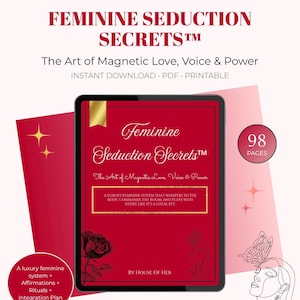 Op de afbeelding: Een digitale productcover getiteld "Feminine Seduction Secrets" met tekst over magnetische liefde, stem en macht. Het ontwerp heeft een rood en zwart kleurenschema, met een tablet-achtige afbeelding en de woorden "Direct downloaden, PDF, Printbaar."