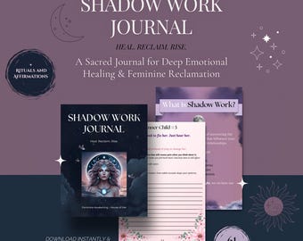 Op de afbeelding: Een digitaal Shadow Work Journal met een donkerblauwe omslag. Het toont een illustratie van een vrouw, de tekst "Shadow Work Journal" en "Heal, Reclaim, Rise". Er staat ook "Rituals and Affirmations" en "61 Pages".