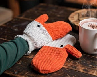 Silly Goose Knitted Mittens | Funny Winter Gloves | Cozy Hand Warmers with Embroidered Goose Patch | Cute Gift for Goose Lovers