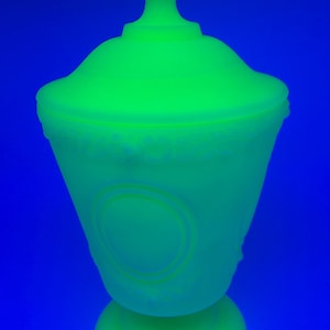 Könnte beinhalten: Ein leuchtend grünes Glasgefäß mit Deckel, vor blauem Hintergrund. Das Gefäß hat einen abgerundeten Boden, einen zylindrischen Körper mit dekorativem Muster und einen gewölbten Deckel mit einem Knauf. Das Glas hat eine strukturierte Oberfläche.