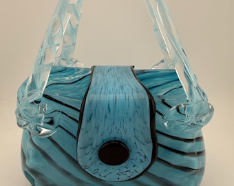 Vintage Murano Style Vintage Teal and Black Striped Hand Blown Glass Purse Sculpture
