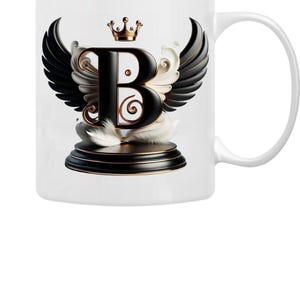 Majestic Letter B Mug with Crown Wings Personalized Royal Monogram Coffee Cup Elegant Initial Gift for Him or Her
