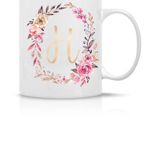 Taza con monograma floral y letra H, regalo personalizado para ella, taza con inicial de acuarela rosa ruborizado, taza con nombre elegante