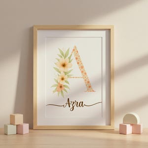 Arte de pared con nombre Azra • Letra A floral imprimible para guardería • Descarga digital personalizada con nombre de niña • Decoración para habitación de bebé, regalo para Hert