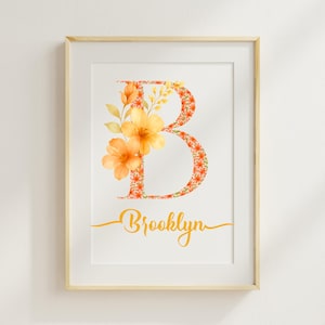 Impresión floral con nombre de Brooklyn / Arte mural con letras personalizadas / Decoración para habitación de niña / Regalo personalizado para bebé / Póster con la inicial B