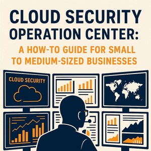 以下が含まれることがあります： 「CLOUD SECURITY OPERATION CENTER: A HOW-TO GUIDE FOR SMALL TO MEDIUM-SIZED BUSINESSES」というタイトルの本の表紙。画像には、データ視覚化を表示する複数の画面を備えたコンピューターの前にいる人物が描かれています。著者：BRYANT WITCHER。
