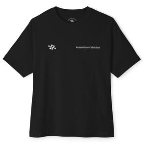 May include: A black short-sleeve t-shirt featuring a small white checkered flag icon and the text "Automotive Collective" printed on the left chest. The inner neck label also displays a small matching checkered flag logo.