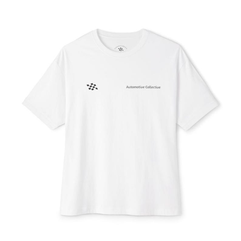 May include: A white short-sleeve t-shirt featuring a small black checkered flag icon and the text Automotive Collective printed on the left chest area. The garment has a crew neckline and a standard fit with short sleeves.