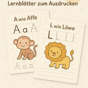 Puede incluir: PDF imprimible educativo con ilustraciones del alfabeto animal. Incluye un mono para la 'A' y un león para la 'L', con letras para trazar. Texto: 'ABC con animales' e 'Ideal para 3-6 años'.