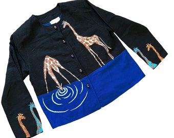 Giraffe Tapestry Jacket Embroidered Blazer with Glass Buttons Vintage Y2K Daniel K Size Large