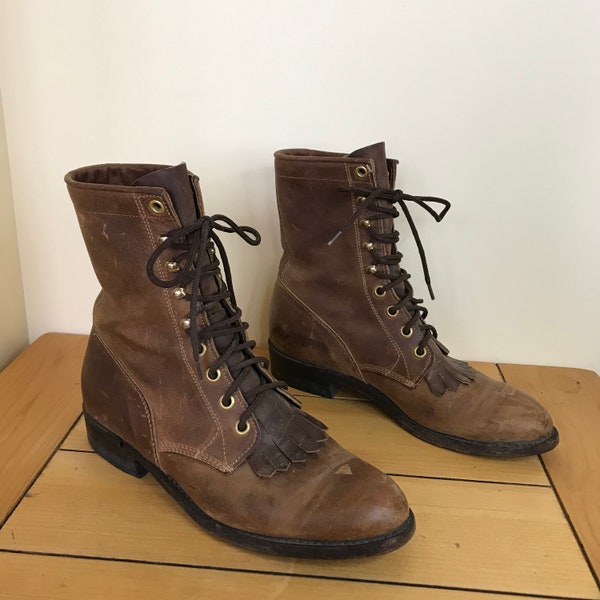 Boulet Canada Brown Leather Lace Up Kiltie Western Packer Boots Womens US 6.5 Vintage