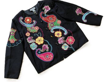 Indigo Mond Blume Applikation Jacke Glasknöpfe Schwarz mit Bunten Blümchen Groß