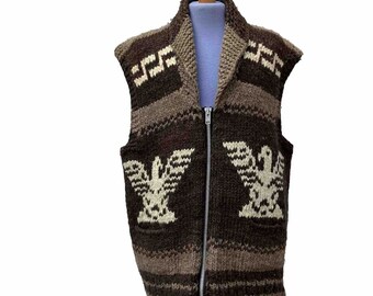 Pull en tricot à la main Cowichan avec gilet aigle design vintage Fabriqué au Canada XXL 50 pouces poitrine