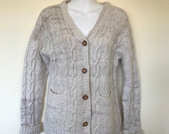 Peruvian Hand Knit Cardigan Sweater 100% Alpaca Cableknit Natural Color Made in Peru Medium