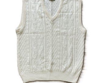 Jantzen Knit Sleeveless Sweater Vest V Neck Ivory Textured Cable Womens Lg