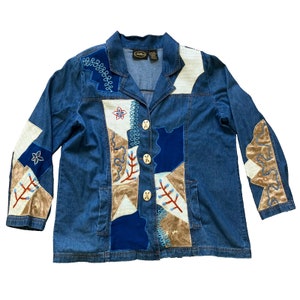Denim Chambray Patchwork Blazer Jacket Vintage Allure Embellished Top XL