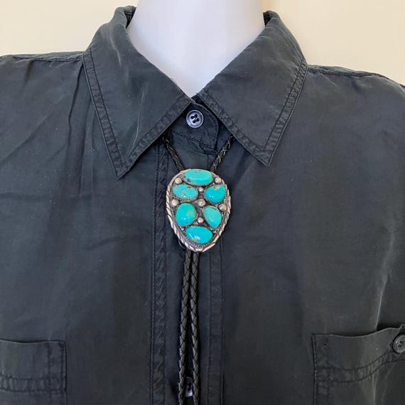Navajo Turquoise Cluster Bolo Tie Leather Cord Vintag… - Gem