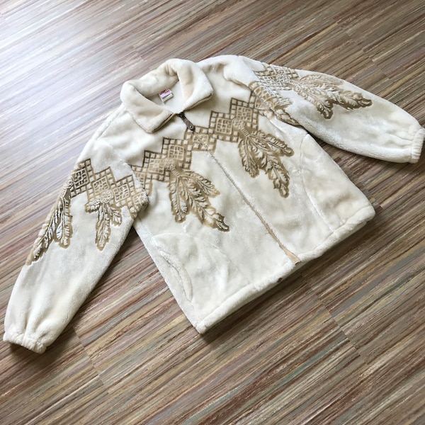 Veste polaire peluche Milton Funwear crème et beige plumes vintage des années 90 surdimensionné moyen