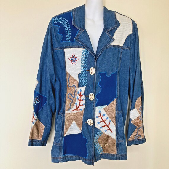 Denim Chambray Patchwork Blazer Jacket Vintage Al… - image 2