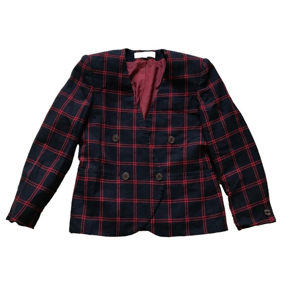 Jones New York Wool Blazer Navy and Red Plaid Vintage Jacket Made in Canada Petite Size 8