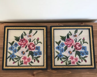Floral Needlepoint Tapestry Framed Set of 2 Vintage Embroidered Pictures 1977