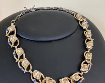 Vintage Calla Lily Floral Necklace Faux Pearl and Blue Rhinestone Gold-Tone 60s