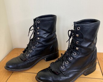 Vintage Leather Lace Up Kiltie Western Boots Black/Red Fringe Womens US 7.5
