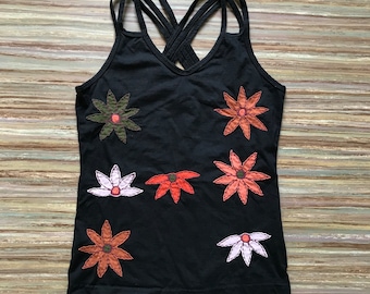 Himalayan Handmades Black Strappy Tank Top with Flower Appliques Made in Nepal Large