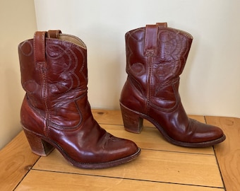 Double H Cowgirl Leather Boots Vintage High Heel Cowboy Boots Cognac Brown US 7