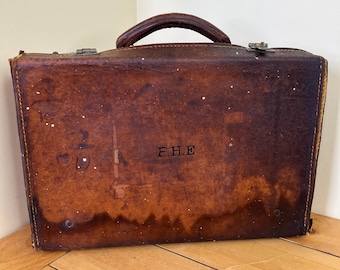 Antique Leather Valise Mini Suitcase Luggage Travel Case Vintage Distressed As-Is