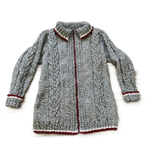 Cabin Wool Cardigan Zip Up Cable Knit Sweater Grey with Red Trim Handknit Large