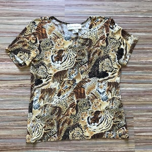 ビッグキャット アニマルプリント リブ ストレッチ Tシャツ トップ ヴィンテージ 90年代 クラウディア リチャード タイガー ヒョウ柄 ラージ