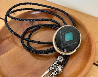 Southwestern Onyx Inlay Bolo Tie Leather Cord Vintage Artisan Silver Signed