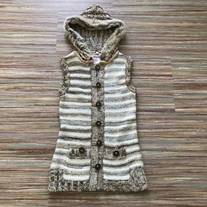 Wool Blend Knit Sweater Vest Hooded Faux Fur Trim Vintage Midtown Y2K Brown Stripe Small