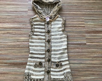 Wool Blend Knit Sweater Vest Hooded Faux Fur Trim Vintage Midtown Y2K Brown Stripe Small