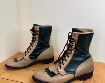 Boulet Leather Lace Up Kiltie Western Boots 2-Tone Tan with Green Womens US 7