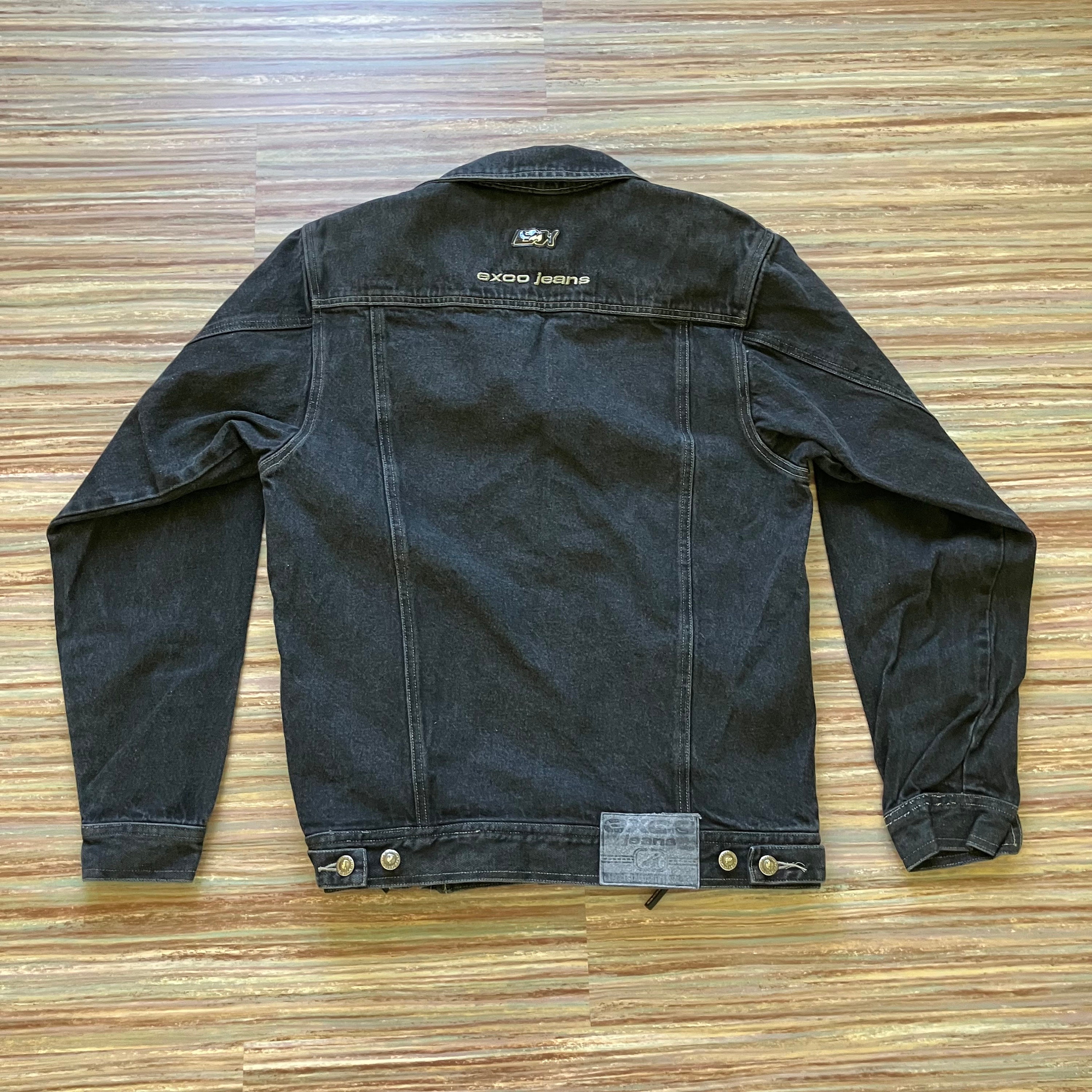 Black Denim Jean Jacket Utility Pockets Vintage Exco 90s