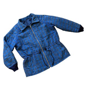 Blue Plaid Quilted Chore Coat Vintage Jacket with Drawstring Waist Pockets