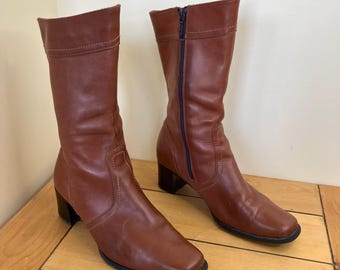 Santana Leather Square Toe Boots Block Heel Mid Calf Cognac Brown Womens US 7