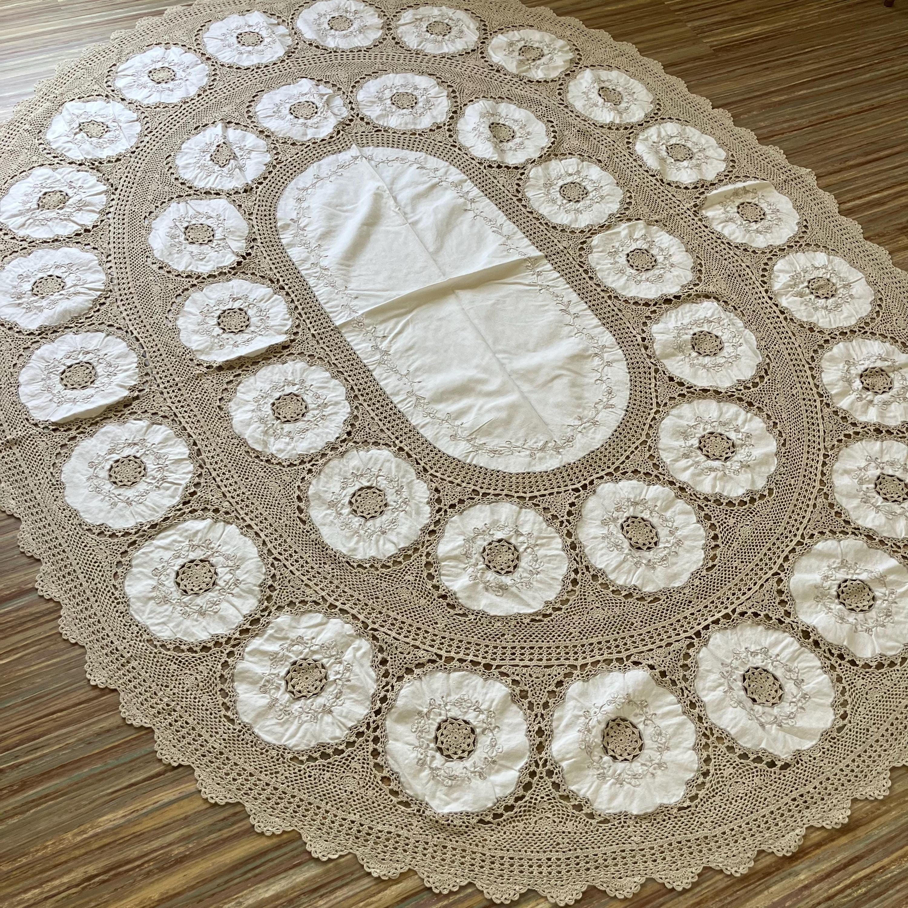 Hand Crochet Beige Oval Tablecloth with White Cotton Doily Embroidery Design 65x80