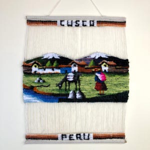 Tapisserie péruvienne en laine tissée à la main, tenture murale vintage, village de lamas de Cusco au Pérou