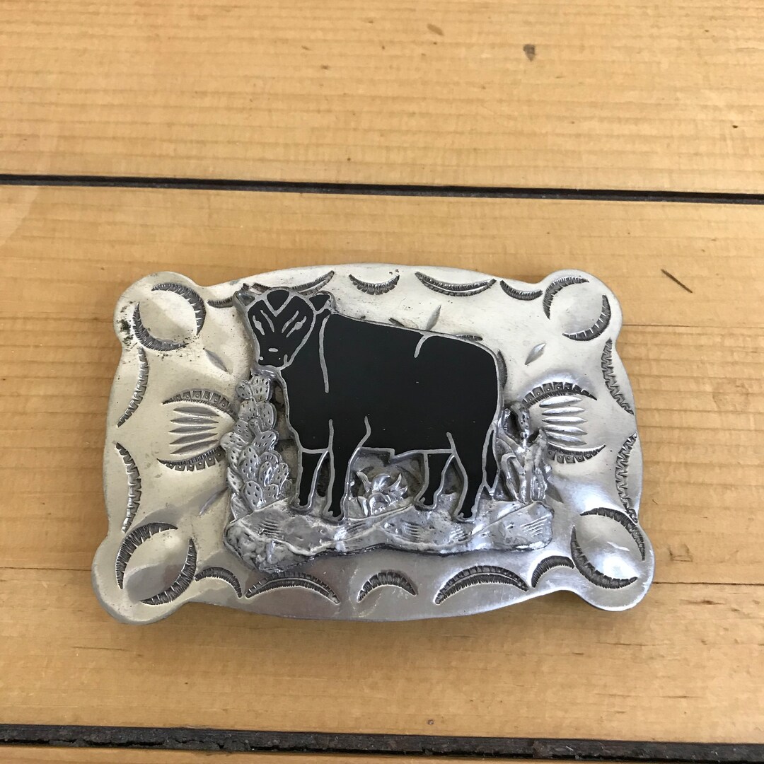 Textan Nickel Silver Belt Buckle Vintage Black Angus Bull Cow Etsy