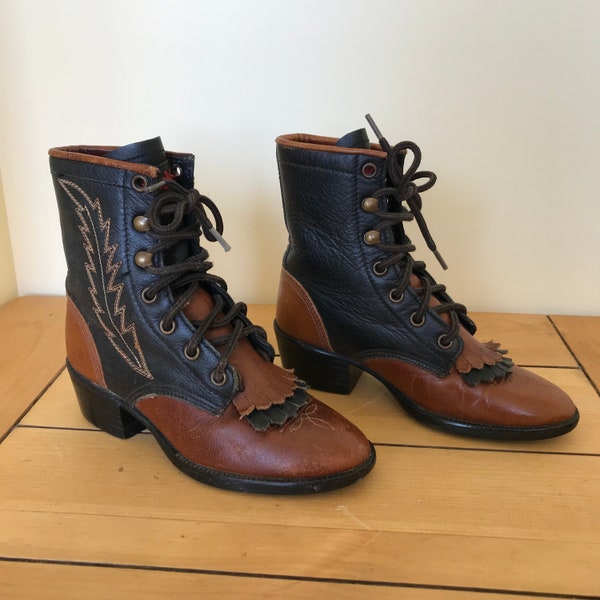Laredo Childrens Leather Lace Up Western Boots Vintage 2-tone Kiltie Fringe Kid Size 10