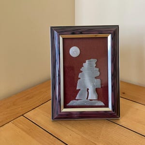Inuit Art Inukshuk under Moon Soapstone on Felt Framed Artwork Canada