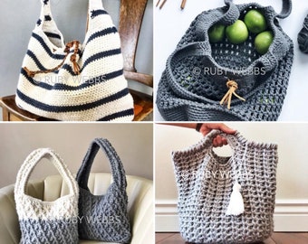 May include: Four crocheted bags in different styles and colours. The bags are made with a variety of stitches and textures. The bags are perfect for carrying everyday essentials or groceries.